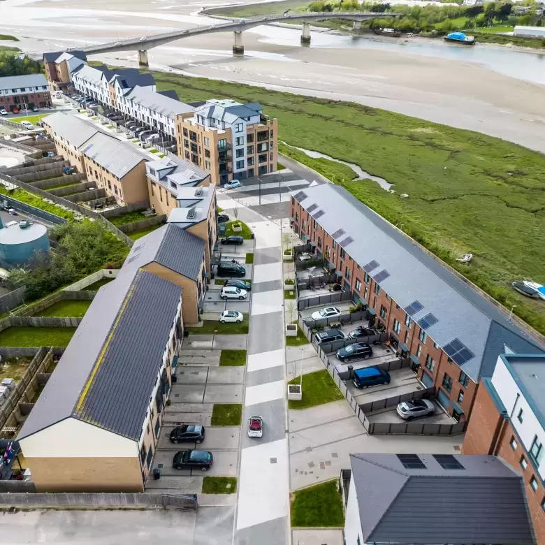 Ariel View of Taw Wharf with river and Barnstaple Bridge in background